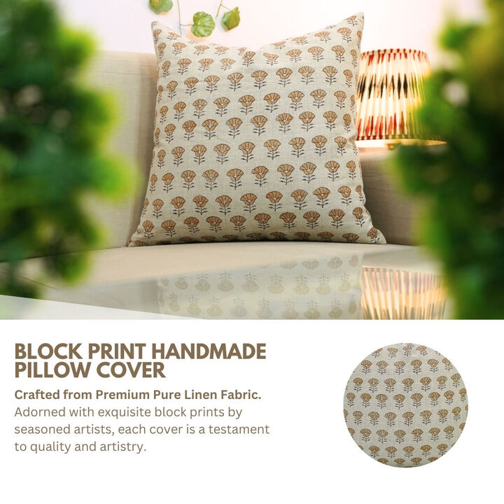 Fabdivine Beige Brown es Boho Floral Handmade Block Print Linen Cushion Cover for Sofa Couch Living Room Light Weight Fabric, Kohinoor