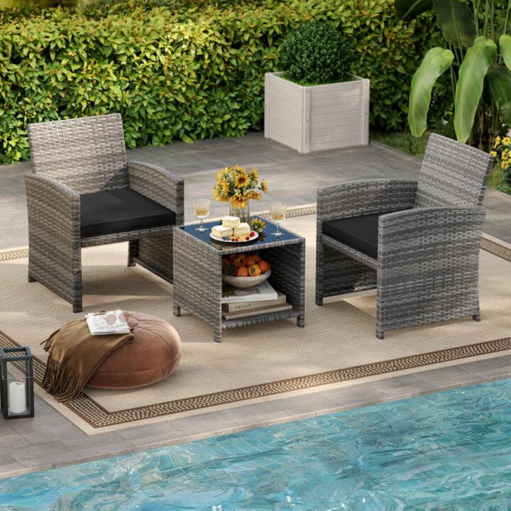 Hivvago 3 Pieces Patio Furniture Set with Tempered Glass Coffee Table and Soft Seat Cushions