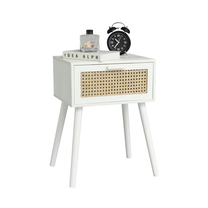 AWASEN White Rattan Nightstand, Modern Bedside Table with Rattan Drawer, End Table with Storage and Solid Wood Legs for Bedroom