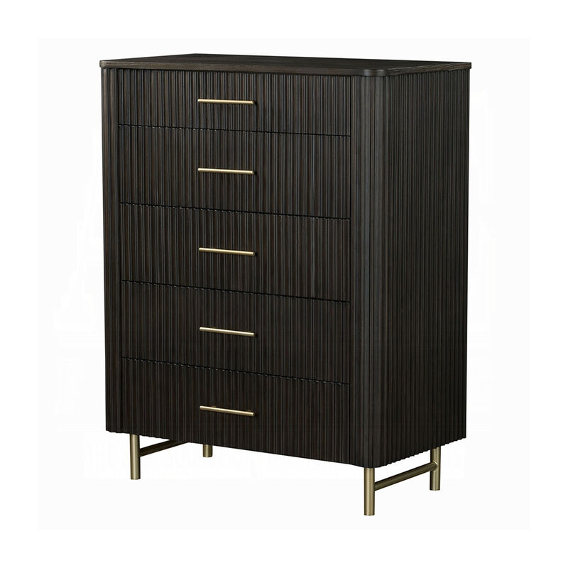 Jeh Tall Dresser Chest, 5 Drawers, Espresso Brown Wood and Gold Metal