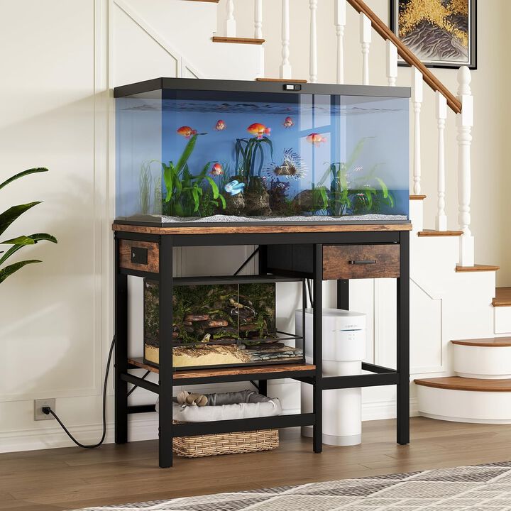 40-50 Gallon Fish Tank Stand with Power Outlet, Aquarium Stand with 3-Tier Adjustable Storage Shelves, Fish Stand with Storage Drawers Up to 480LBS