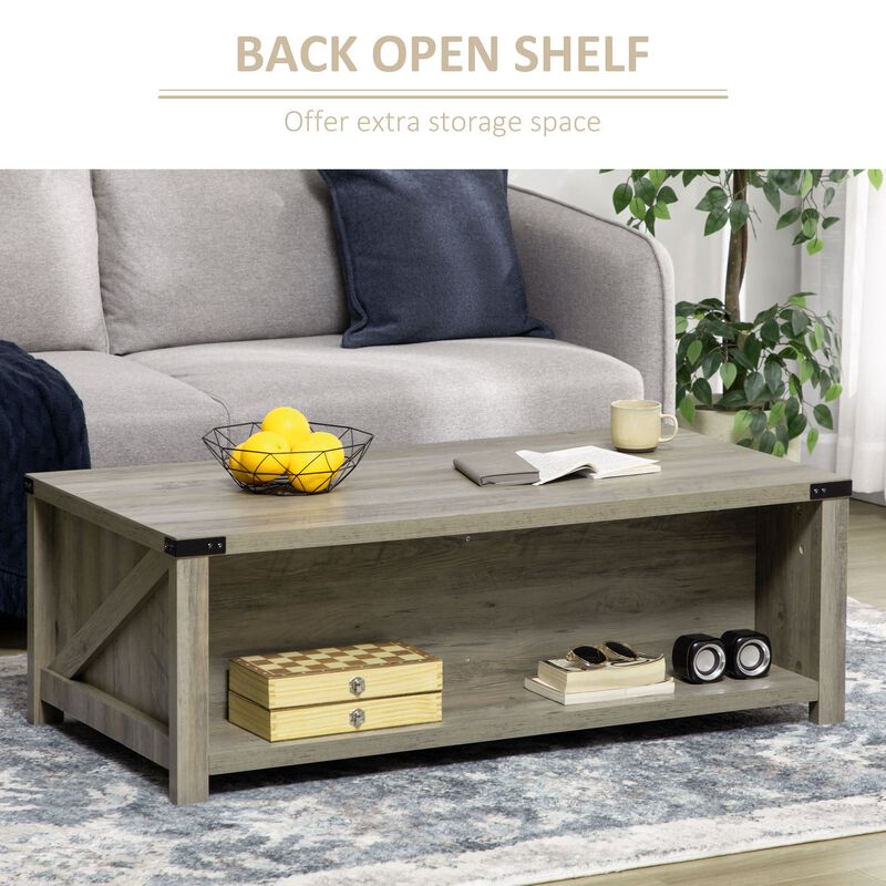Gray Oak Living Room Table: Rustic Coffee Table with Drawer & Open Shelf