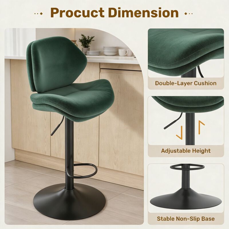 Modern Ergonomic PU Leather Bar Stools, Adjustable Counter Height Stools with Double-Layer Cushion, Steady Stainless Steel Frame Rustic Kitchen Island Chairs for Outdoor image number 2