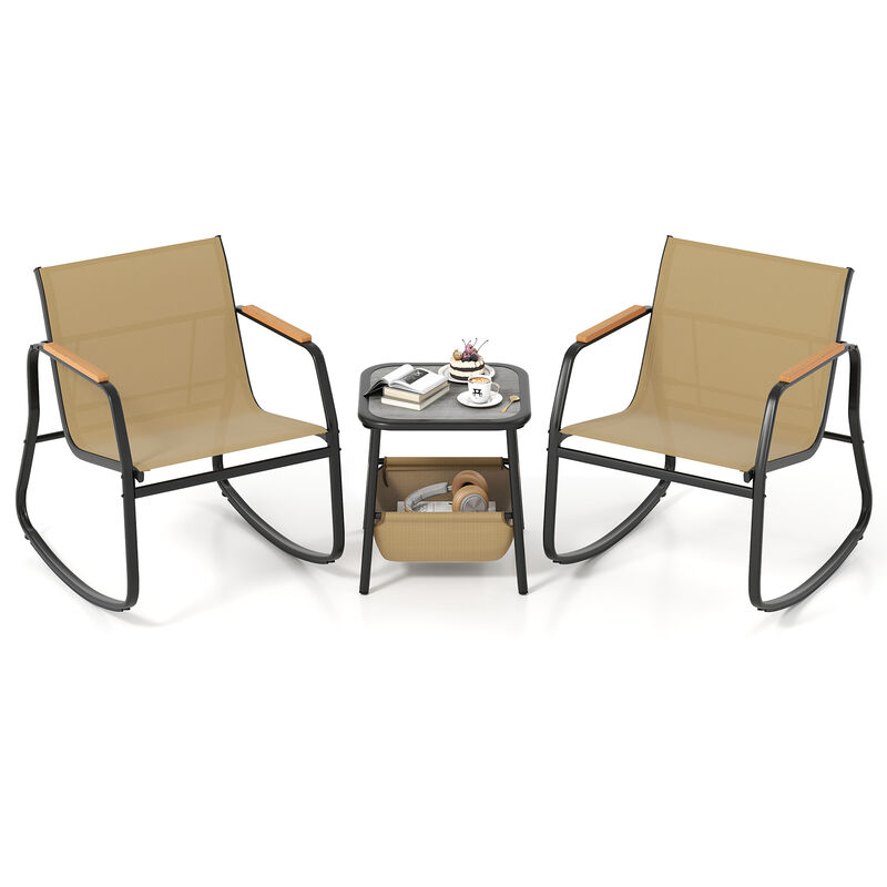 Brown 3-Piece Outdoor Rocking Bistro Set with Side Table and Storage Bag image number 3