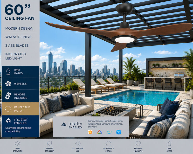 ENLIGHT 60" Smart DC Ceiling Fan with Light, IP66 Outdoor/Coastal Rated, Matter Smart Home Integration, 3 Blades image number 1