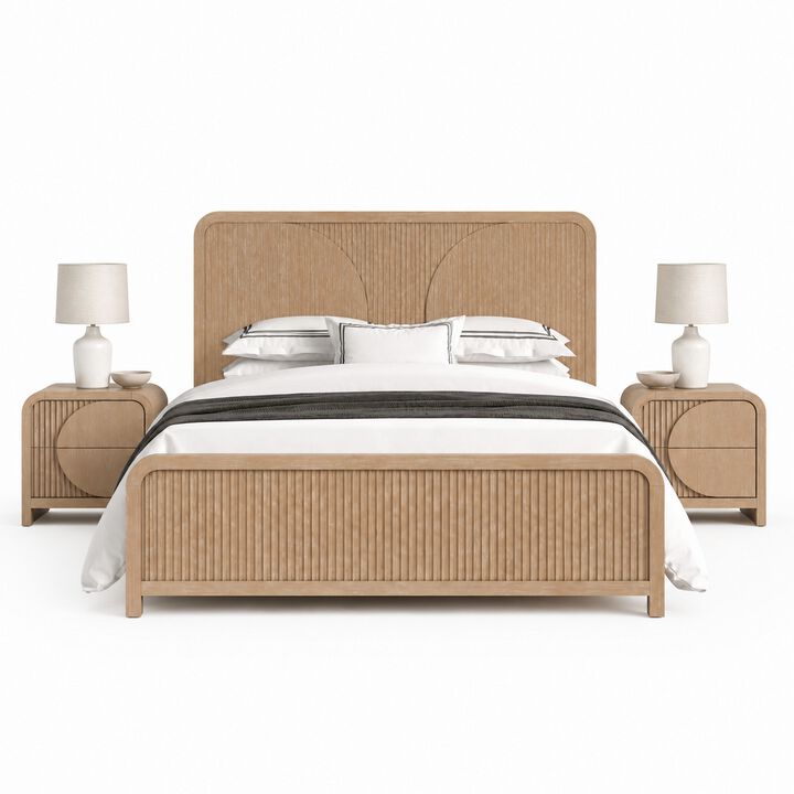 Queen Bedroom Set, Natural Brown Wood, 3 Piece Set with 2 Nightstands