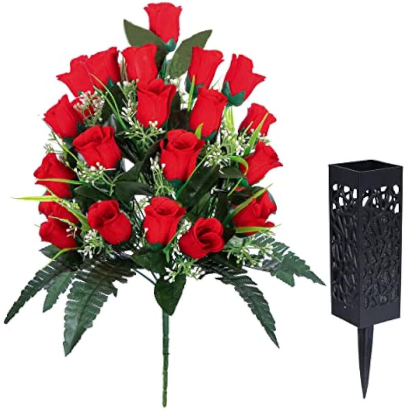 Red Artificial Rose Flower Stems Outdoor Vase Filler 2 Cemetery image number 3