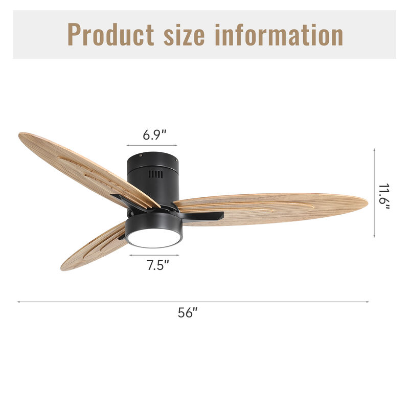 56" Modern Design Flush Mount Ceiling Fan with Light and Remote Control, 3 Solid Wood Blades image number 3