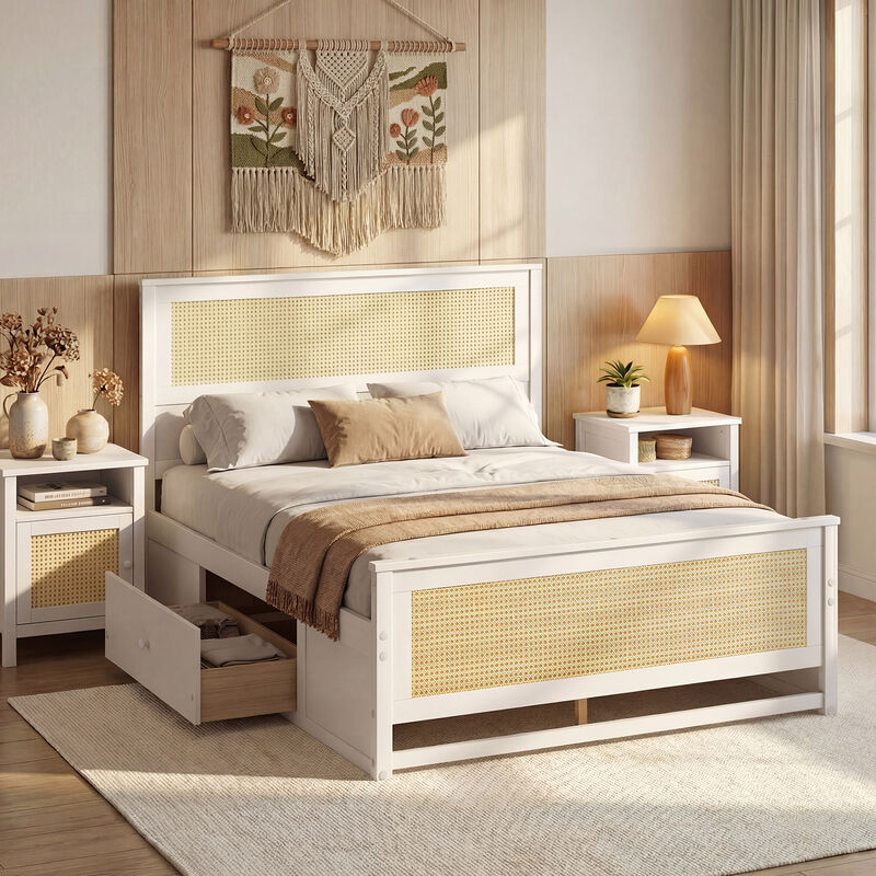 Modern Full Rattan Bed Frame with Under-Bed Storage Drawers image number 6