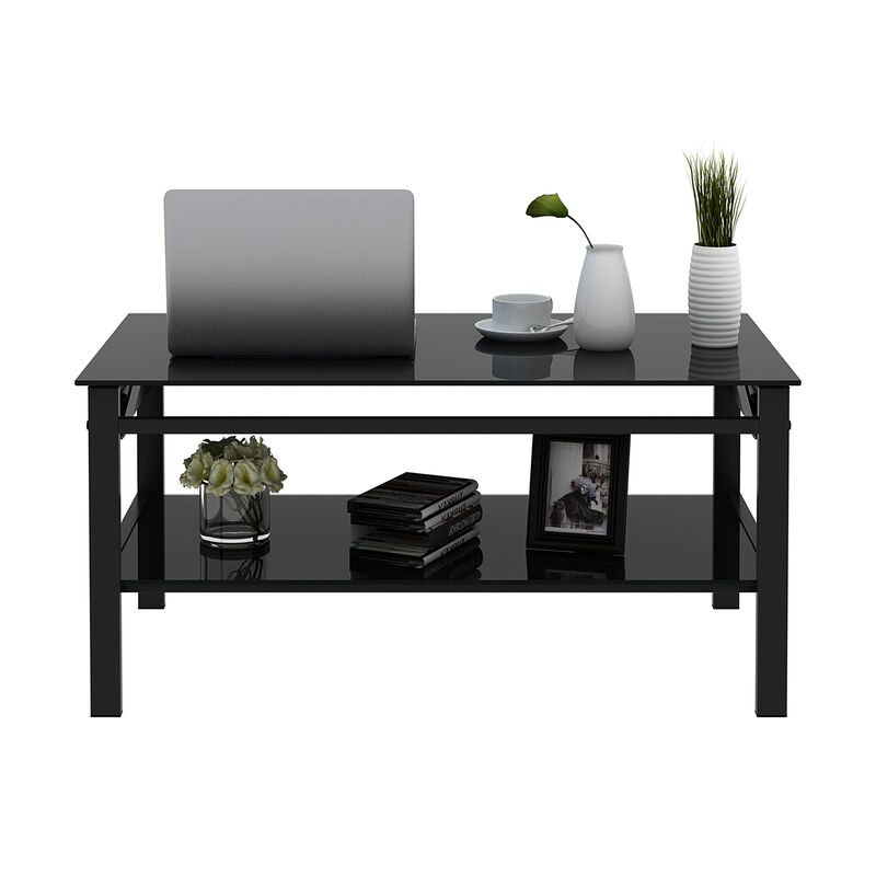 Tempered Glass 2-Layer Lift Top Coffee Table Modern Design Living Room Black