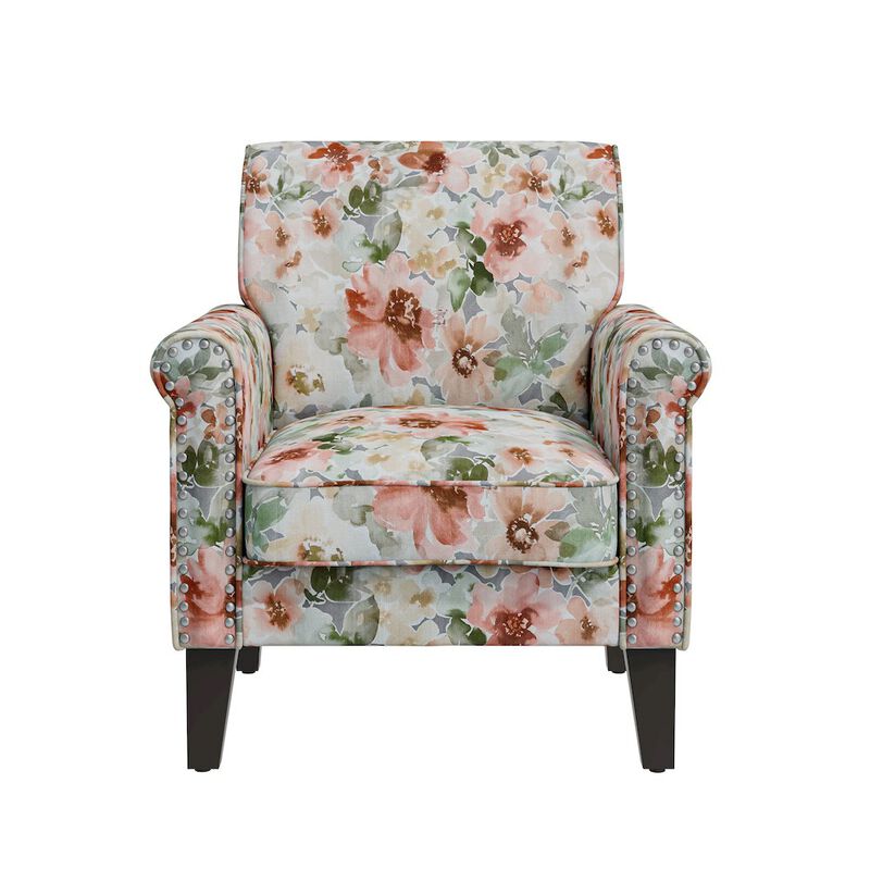 HL Home Furnishings Rolled Armchairs with Nailheads in Orange and Green Floral