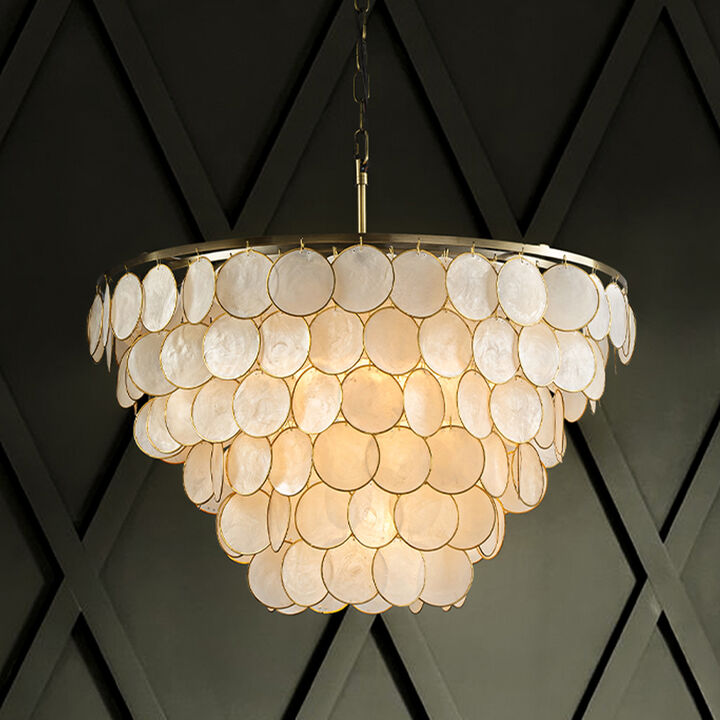 Modern Coastal Aged Bronze Natural Capiz Shell Tiered Chandelier Vintage Glam Pendant Light For Dining Room