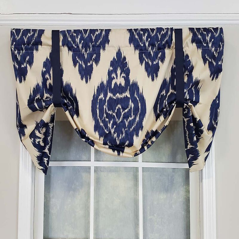 RLF Home Flame Large Damask Flame Design Tie-Up Window Treatment Valance 3" Rod Pocket 50" x 23" Navy Blue/Ivory