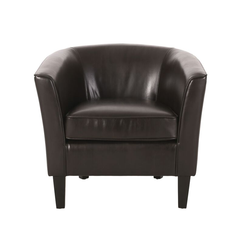 Accent Club Chair, Curved Round Back, Birch Wood, Rich Brown Faux Leather