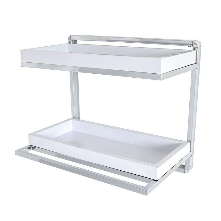 Wall Mount 2-Tier Chrome Shelving Unit with Towel Rack and 2 White Removable Trays