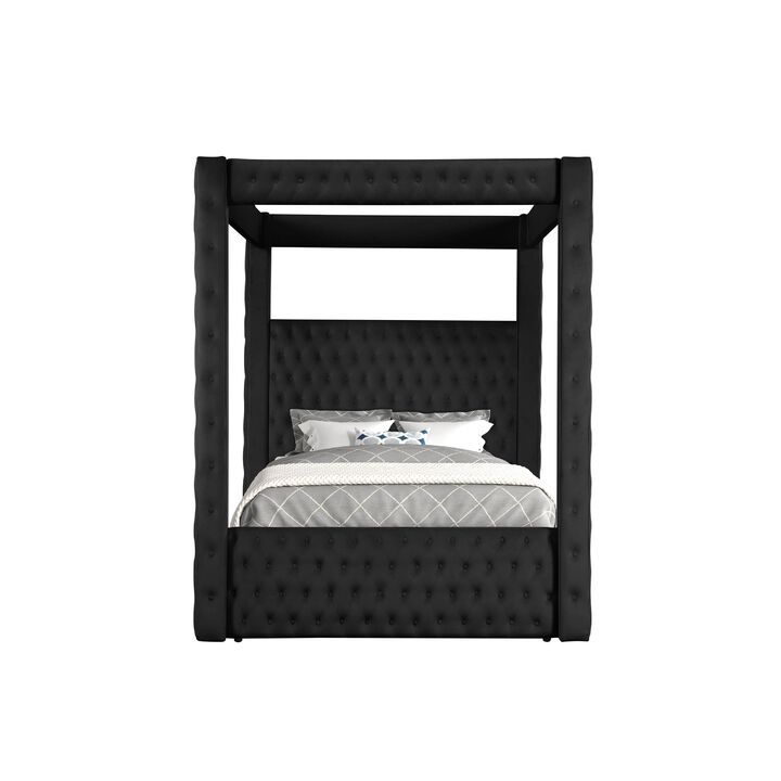 Beli King Size Canopy Bed, Tufted Design, Black Velvet Upholstery