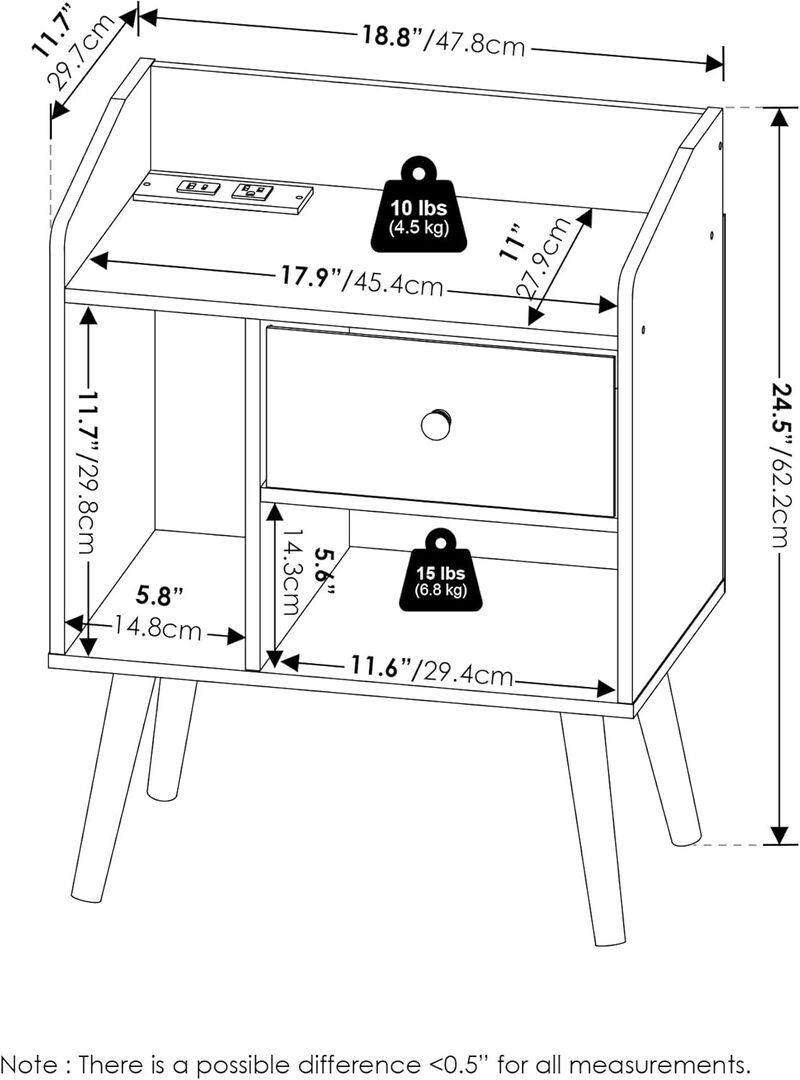 Mid Century Style End Table, Side Table with USB and Type-C Charging Station