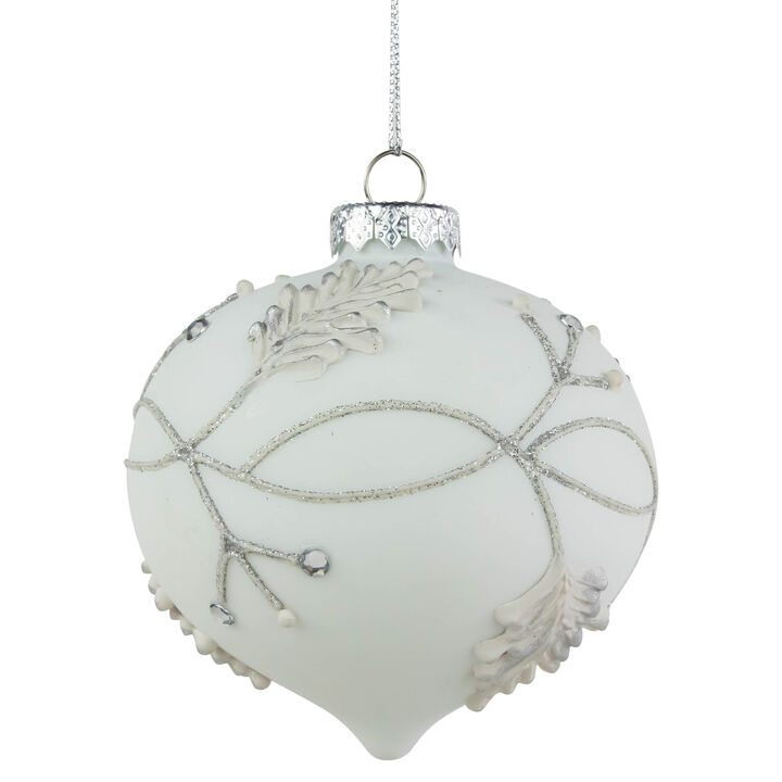 3.5" White and Silver Leaves Glass Onion Drop Christmas Ornament
