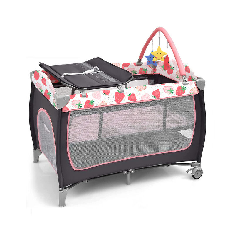 3-in-1 Portable Baby Playard with Zippered Door and Toy Bar - Red