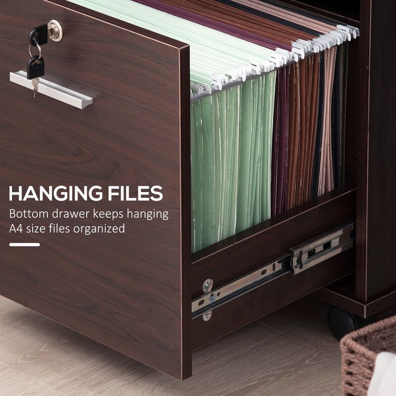 Walnut Mobile Storage: Lateral File Cabinet with Wheels & Open Shelves image number 4