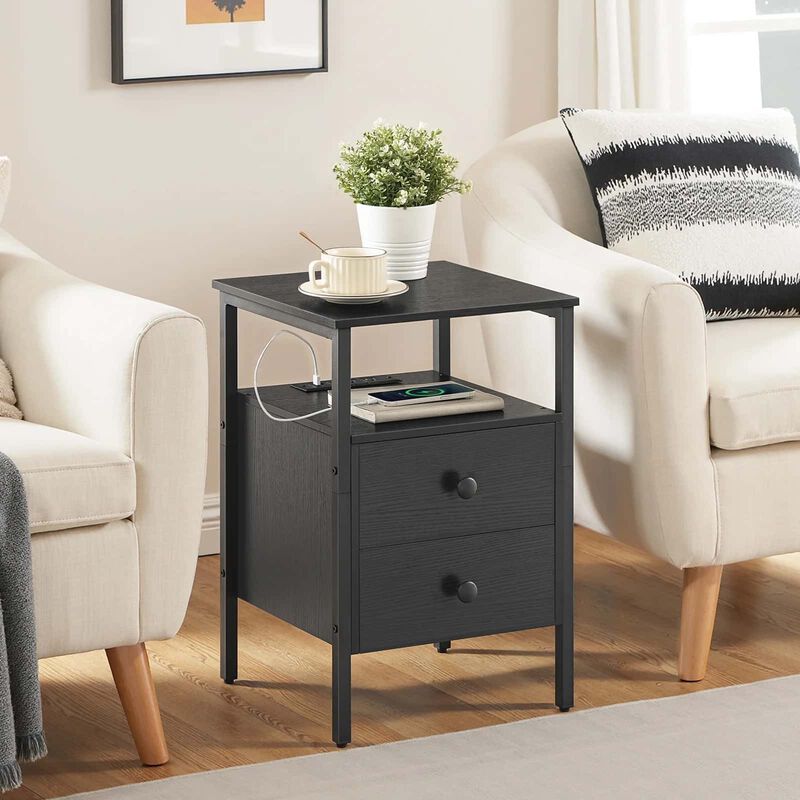 Bedroom Nightstand with 2 Drawers, Built-In Outlets and Storage-Black image number 3