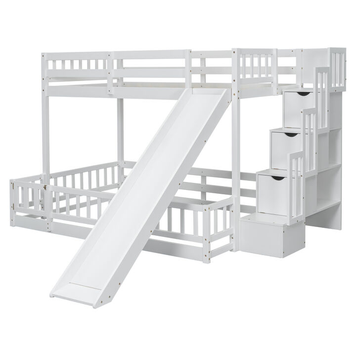 Whisen Twin Over Full Bunk Bed with Slide, Pine Solid Wood Frame and Integrated Storage Staircase