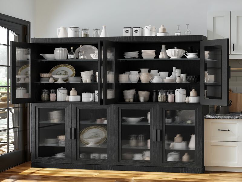 62" High Black Glass Door Wood Grain Decorative Storage Cabinet Display Cabinet, with Sufficient Space for 12 Shelves