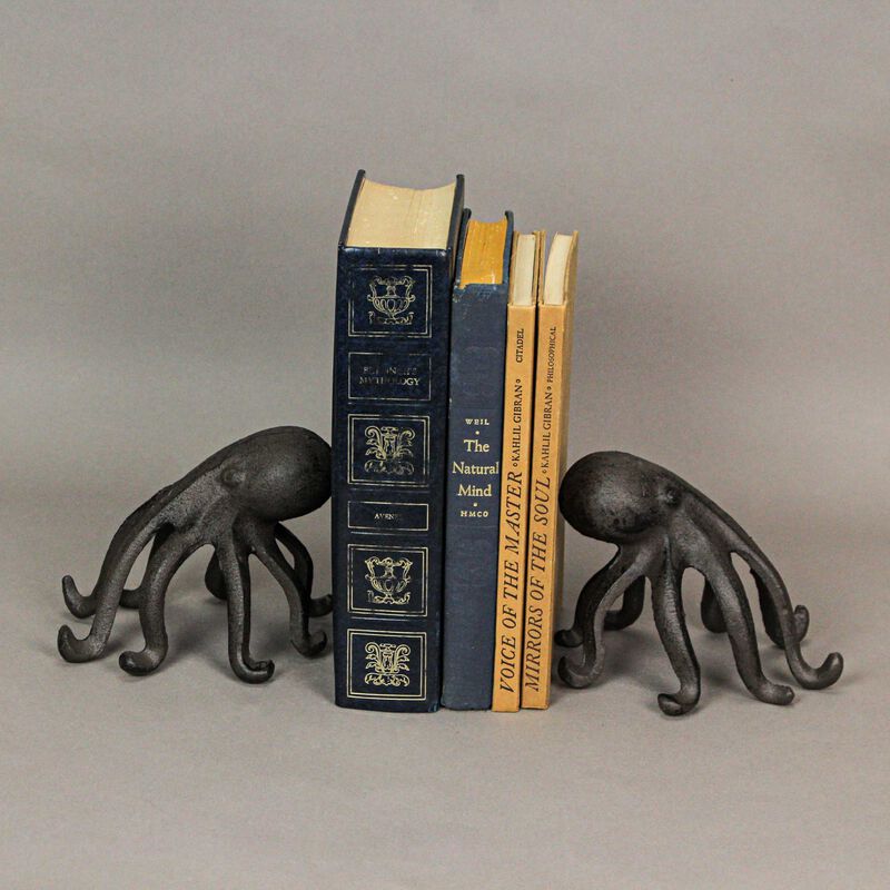 Set of 2 Cast Iron Octopus Bookends - Nautical Decor - Shelf Sculptures image number 1