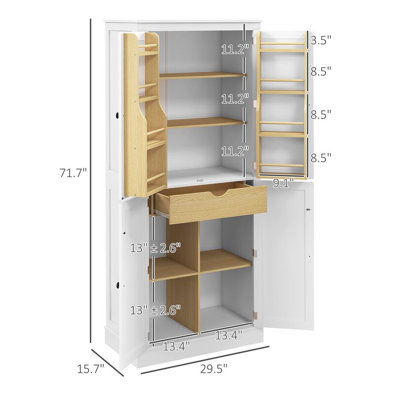 72" Modern Kitchen Pantry: 5-Tier, 8 Spice Racks, Drawer
