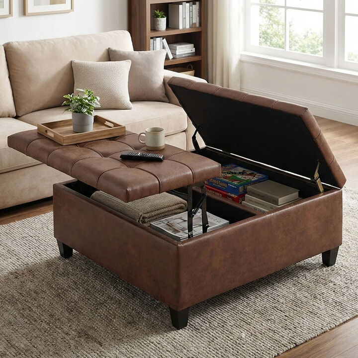 Harrison 36 inch Wide Transitional Square Coffee Table Storage Ottoman in Distressed Umber Brown Vegan Faux Leather, Assembled