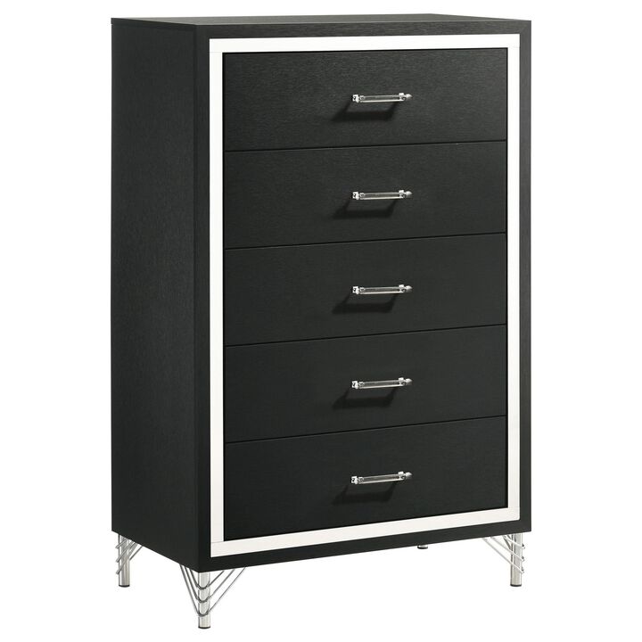 Jenny Tall Dresser Chest, 5 Drawers and Chrome Accents, Modern Black - Benzara