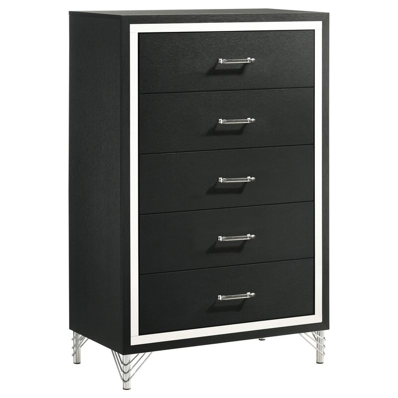 Jenny Tall Dresser Chest, 5 Drawers and Chrome Accents, Modern Black - Benzara