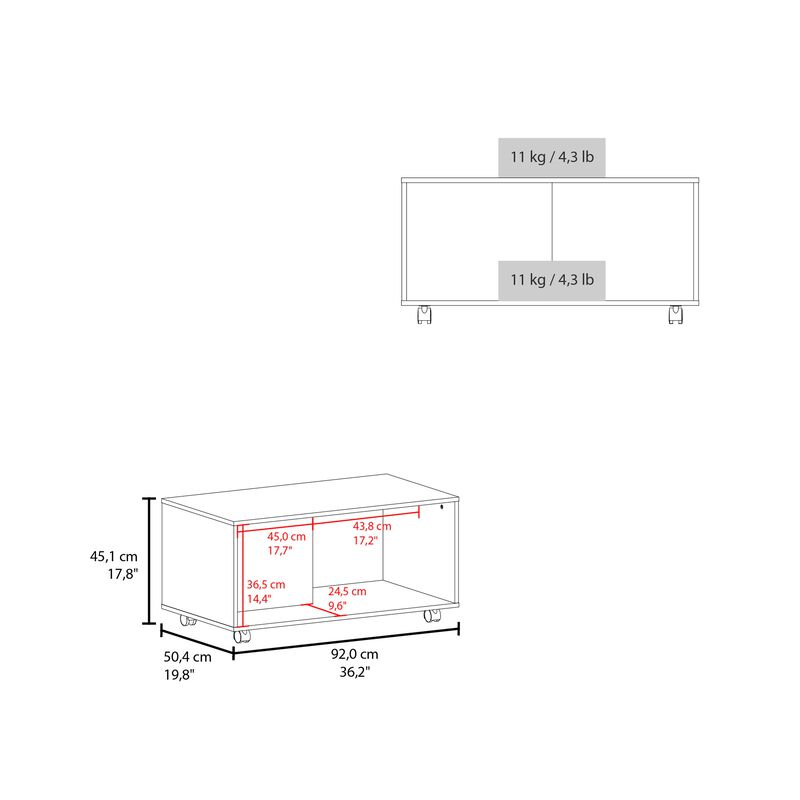 Denton Coffee Table, 4 Wheels, 1 Shelf, Black