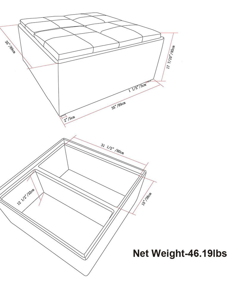 Avalon 35 inch Wide Contemporary Square Coffee Table Storage Ottoman in Chocolate Brown Vegan Faux Leather, Assembled
