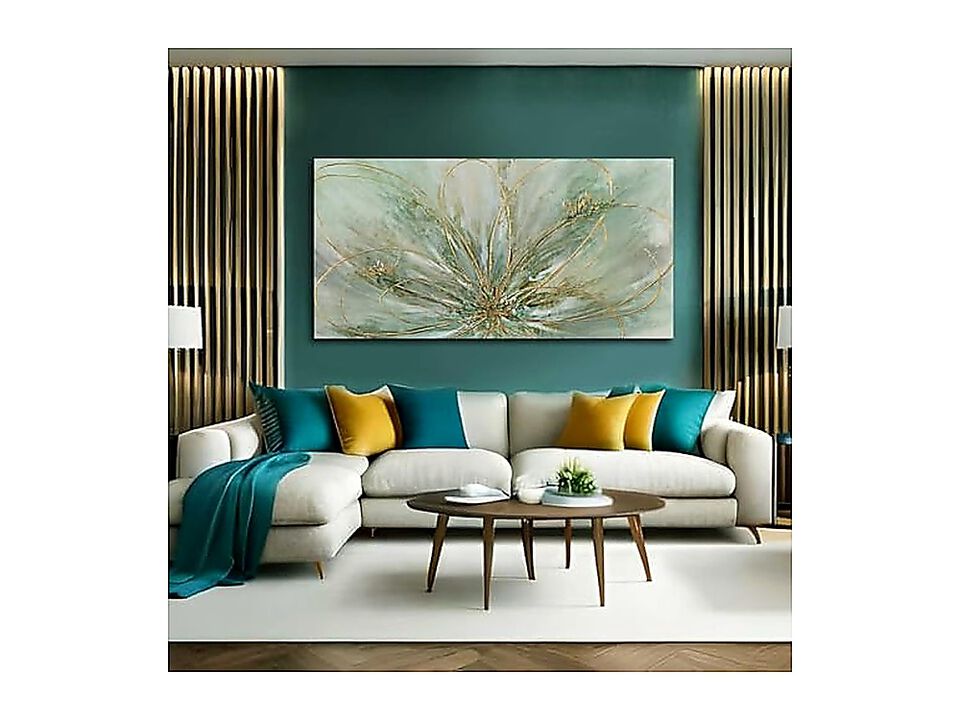 Green Flowers Canvas Wall Art Modern Gold Foil Abstract Nature Decor Office Room