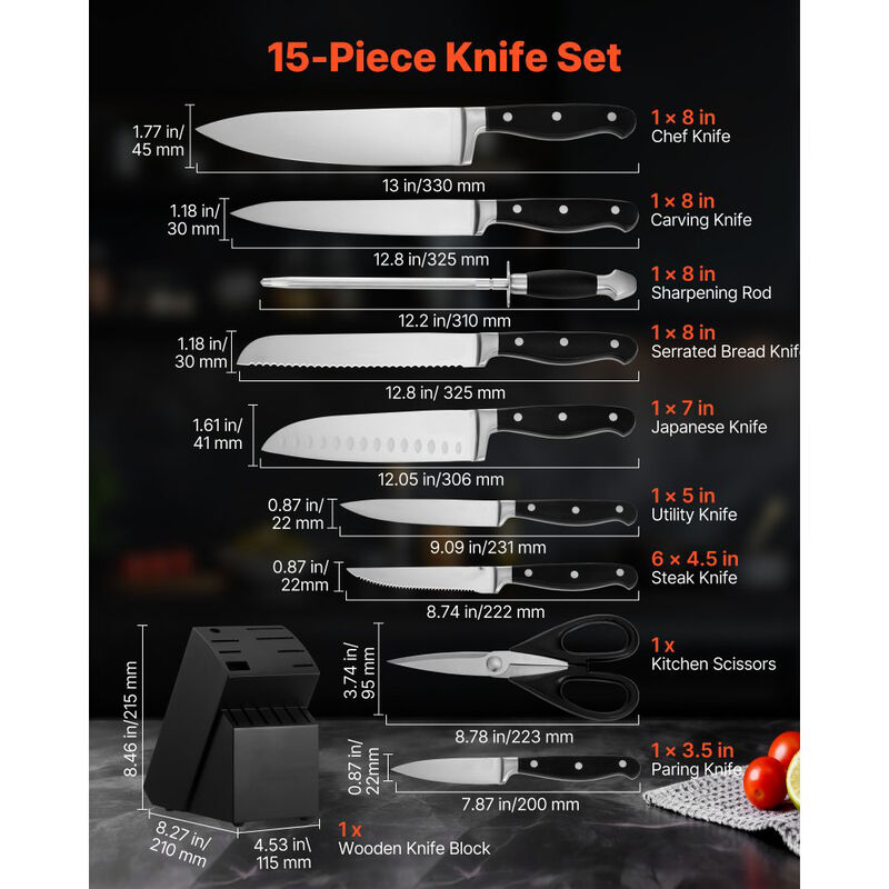 15 Piece Kitchen Knife Set with Block and Sharpener, High Carbon Stainless Steel Cutlery image number 2