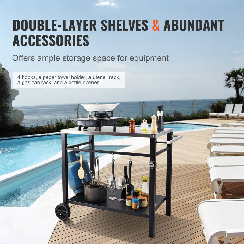 Modular Outdoor Grill Cart &ndash; Stainless Steel Worktable with Shelves, Handle, and Wheels for Pizza Oven & BBQ Setup