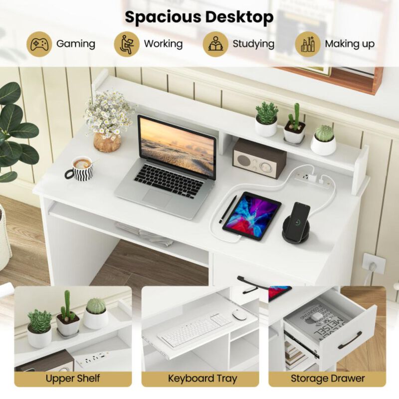 Hivvago White Desk with Charging Station and Adjustable Shelf for Home Office