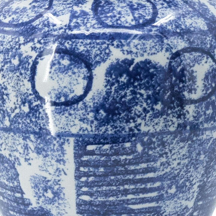 17 Inch Tall Ginger Jar, Abstract Design over Blue and White Porcelain-Benzara