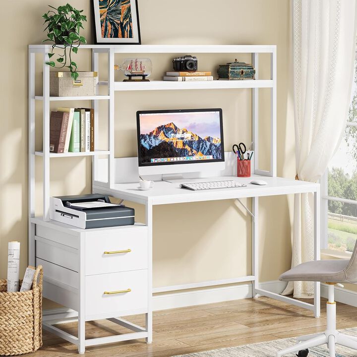 Tribesigns 60" Tall Computer Desk with Hutch and 2 Drawers, Home Office Desk with Storage Shelves, Industrial Writing Desk for Study, Desk with Drawers for Bedroom and Office, 150 lb Capacity