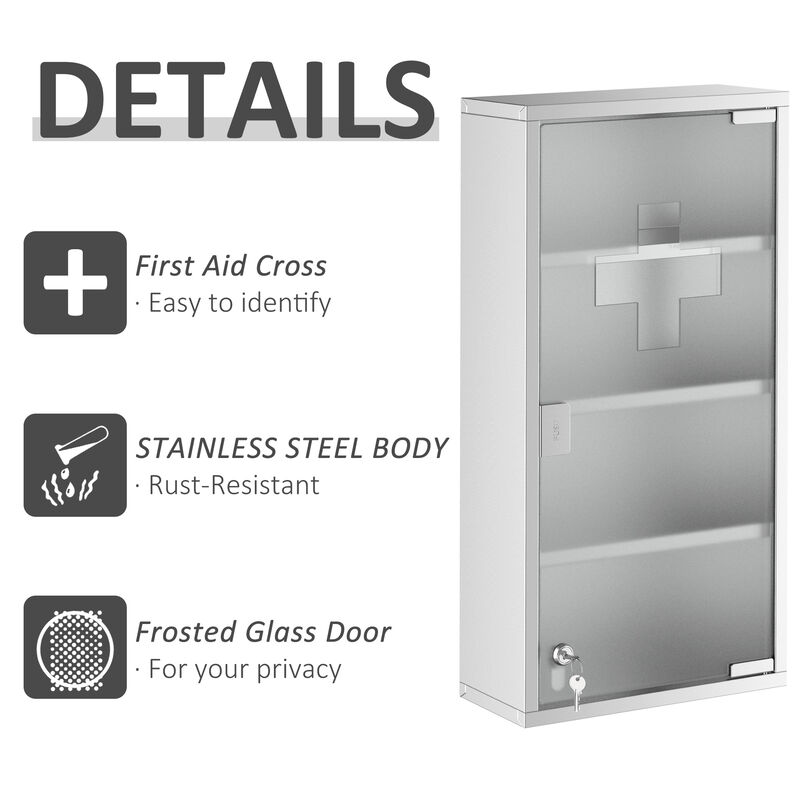 Stainless Steel Medicine Cabinet Wall Mount Frosted Door Lockable First Aid