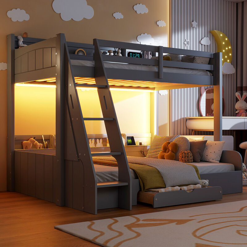 Merax Twin-over-Full Bunk Bed with Storage, LED & Charging Station Loft Beds image number 5