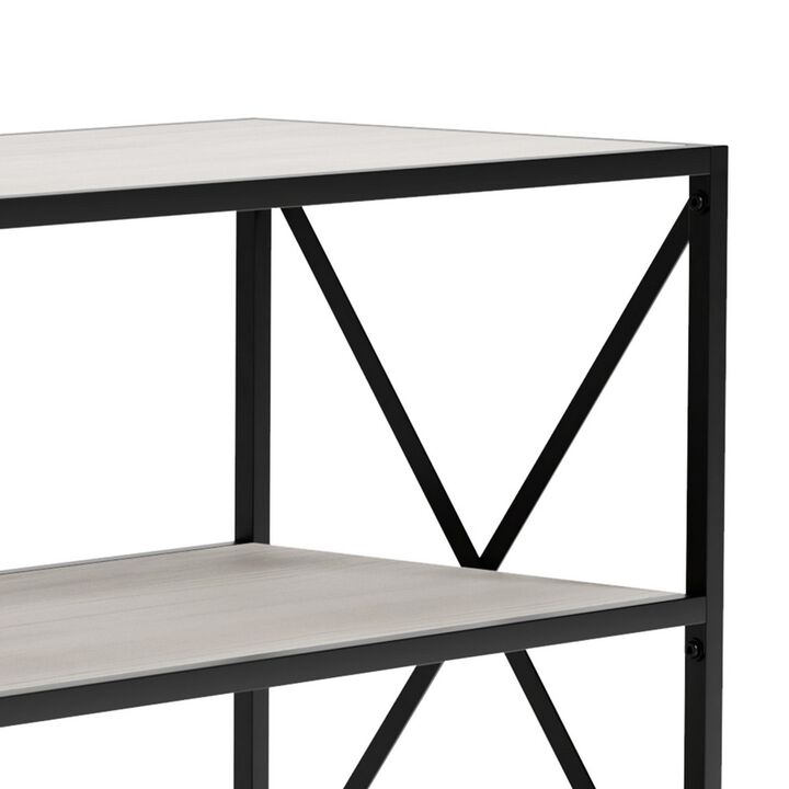 Gem 40 Inch Metal Console Sideboard Table, 3 Shelves, X Side Accents, Black, Whitewash-Benzara