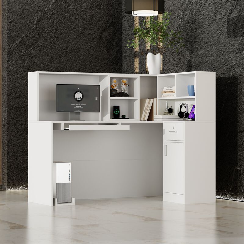 FUFU&GAGA Modern L-Shaped Office Desk with Hutch and Storage (55.9" L x 32.3" W x 48.4" H), Black