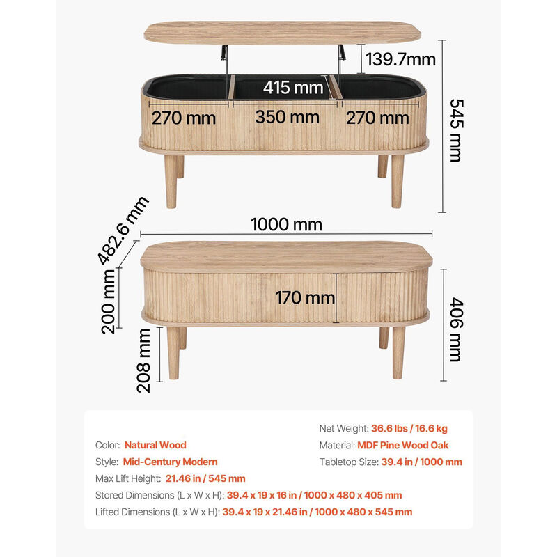 Mid Century Oval Coffee Table with Lift Top and Hidden Storage Compartments image number 2