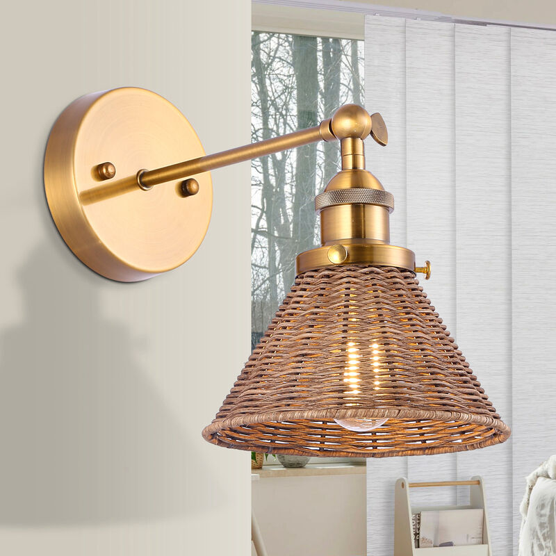 11.8" 1-Light Vintage Farmhouse Gold Rattan LED Wall Sconces with Adjustable Lamp Head