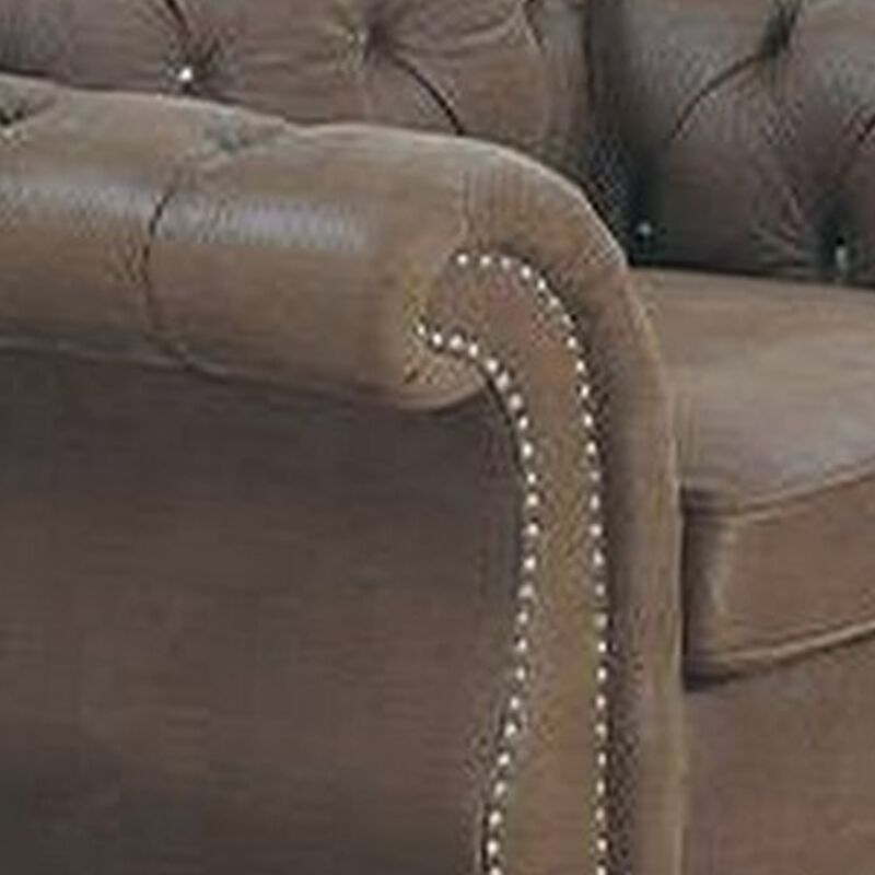 Rima 51 Inch Classic Accent Chair, Velvet Upholstery, Rolled Arms, Brown-Benzara image number 2