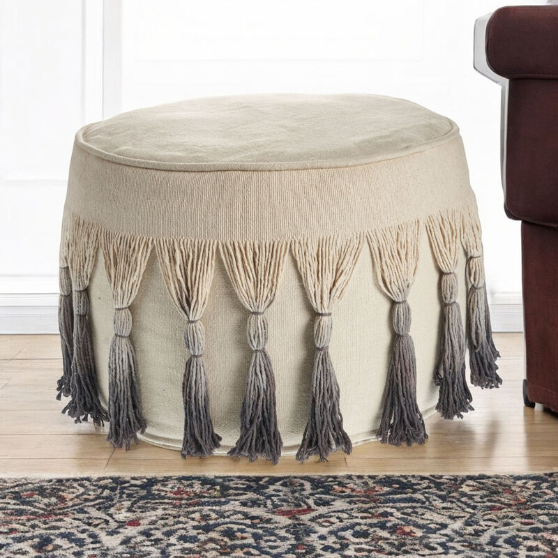Hivvago 20 Inch Beige Cotton Round Ombre Pouf Ottoman