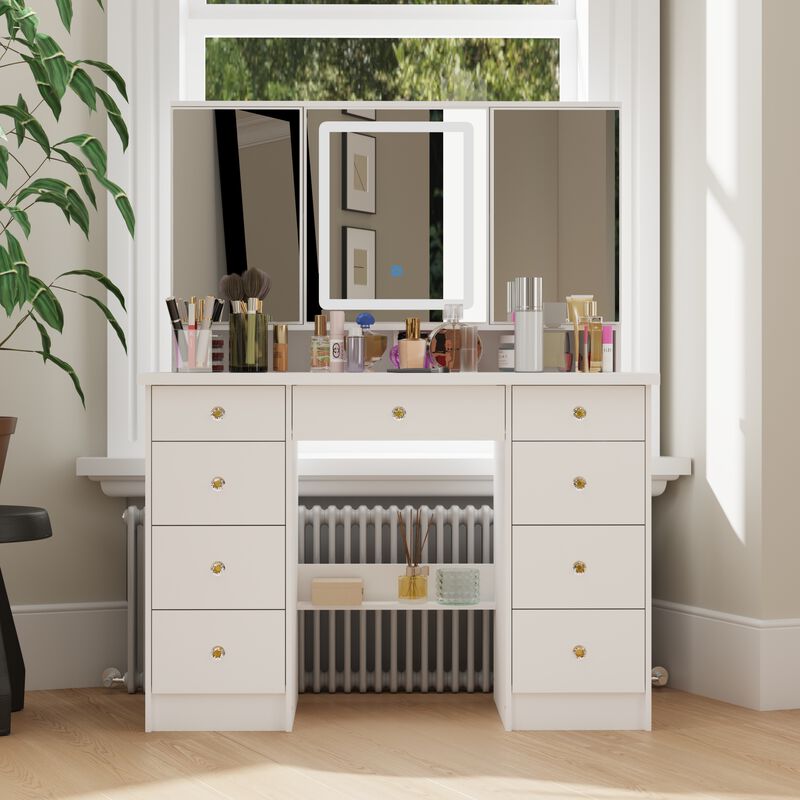 FUFU&GAGA Elegant Vanity Table with 9 Spacious Drawers and LED Mirror - 3 Lighting Modes (43.3”W x 19.7”D x 53.9”H),White