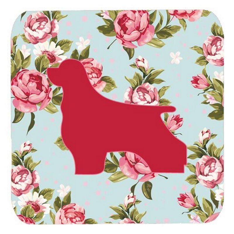 Caroline's Treasures BB1075-RS-BU-FC Cocker Spaniel Shabby Chic Blue Roses Foam Coasters (Set of 4), 3.5 H x 3.5 W, Multicolor